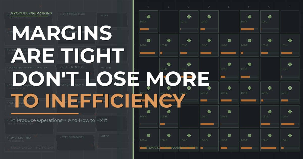 Blog header image for Fusionware reading "Margins Are Tight — Don't Lose More to Inefficiency" — chaotic produce warehouse inventory on the left contrasted with an organized location grid on the right. Fusionware branding.